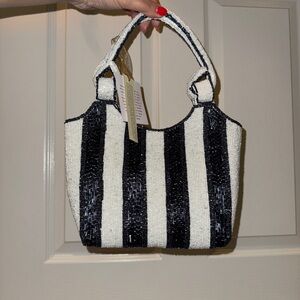 Navy and White Striped Beaded Bag